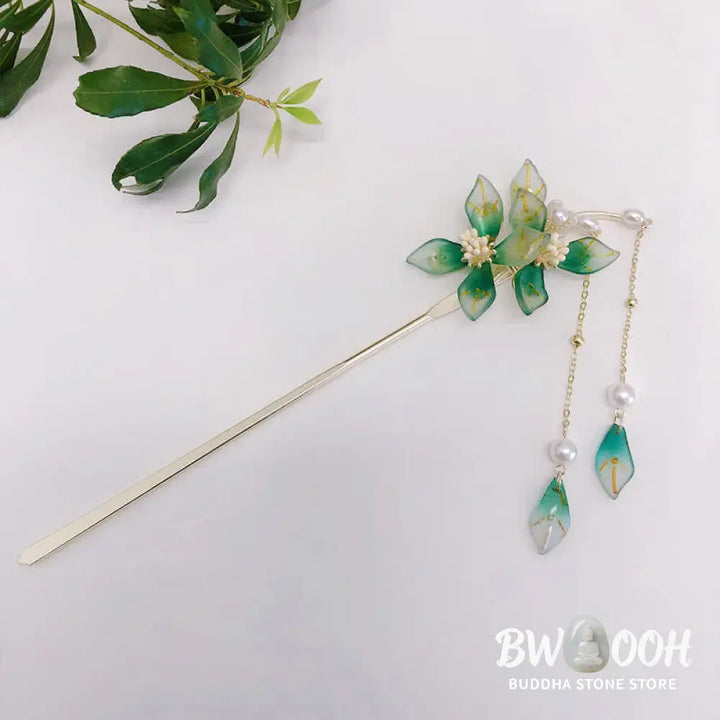 Buddha Stones Flower Leaf Pearl Peace Tassel Hairpin - Flower&amp;Leaf - Hairpin