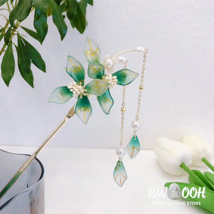 Buddha Stones Flower Leaf Pearl Peace Tassel Hairpin - Flower&amp;Leaf - Hairpin