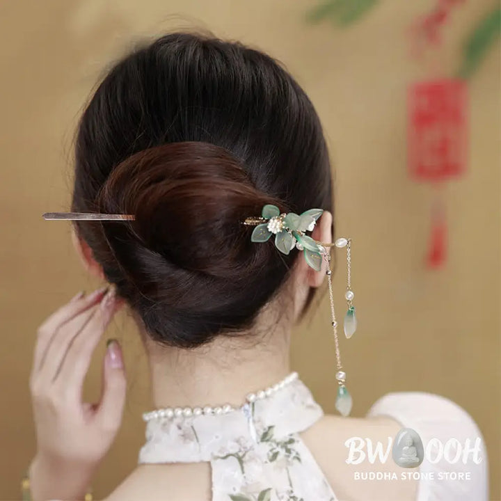 Buddha Stones Flower Leaf Pearl Peace Tassel Hairpin - Flower&amp;Leaf - Hairpin