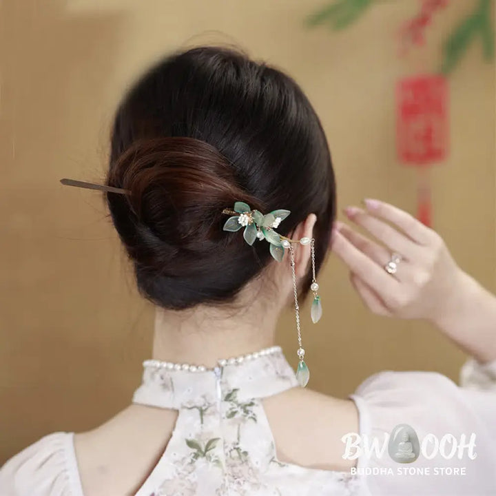 Buddha Stones Flower Leaf Pearl Peace Tassel Hairpin - Flower&amp;Leaf - Hairpin