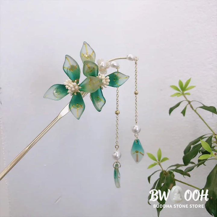 Buddha Stones Flower Leaf Pearl Peace Tassel Hairpin - Flower&amp;Leaf - Hairpin