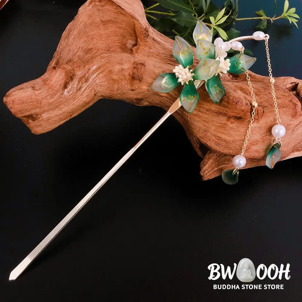 Buddha Stones Flower Leaf Pearl Peace Tassel Hairpin - Flower&Leaf - Hairpin