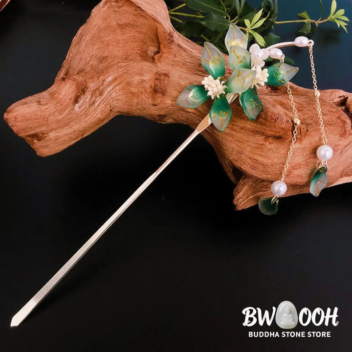 Buddha Stones Flower Leaf Pearl Peace Tassel Hairpin - Flower&amp;Leaf - Hairpin