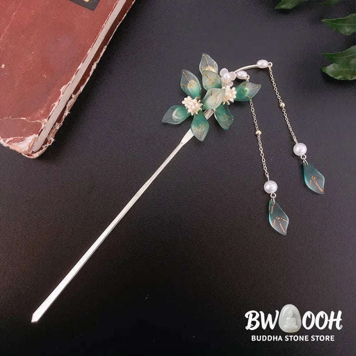 Buddha Stones Flower Leaf Pearl Peace Tassel Hairpin - Flower&amp;Leaf - Hairpin