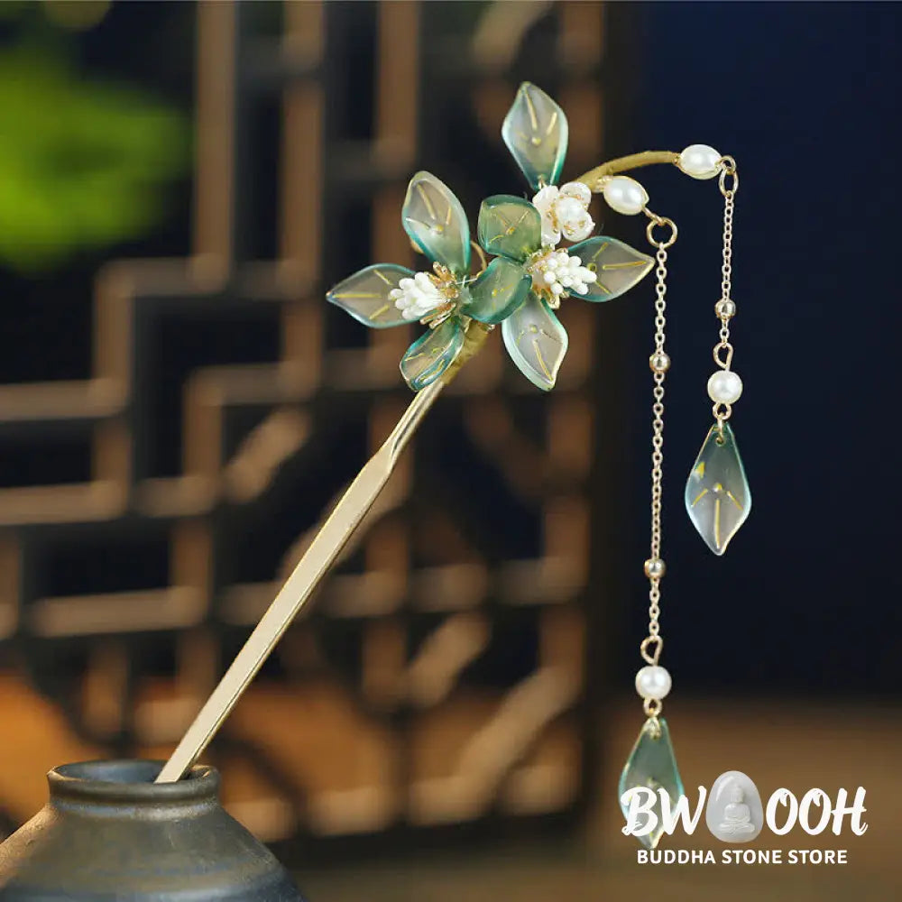 Buddha Stones Flower Leaf Pearl Peace Tassel Hairpin - Flower&amp;Leaf - Hairpin