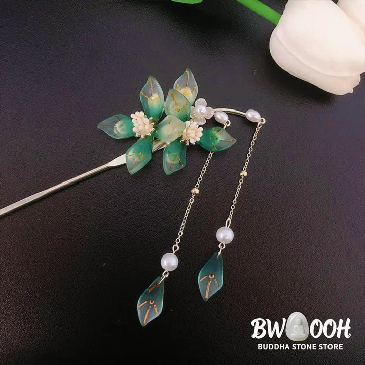 Buddha Stones Flower Leaf Pearl Peace Tassel Hairpin - Flower&amp;Leaf - Hairpin