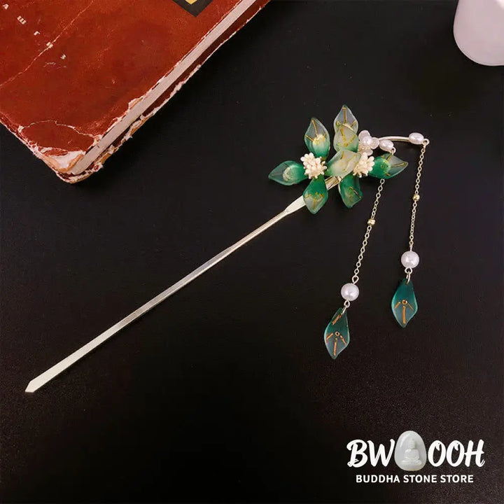 Buddha Stones Flower Leaf Pearl Peace Tassel Hairpin - Flower&amp;Leaf - Hairpin