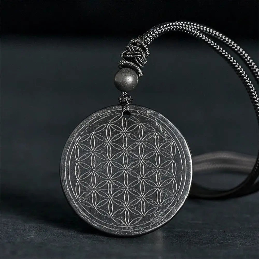 Buddha Stones Flower of Life Carving Design Authentic Shungite Stone Protection Necklace Pendant - BWOOOH - Flower of