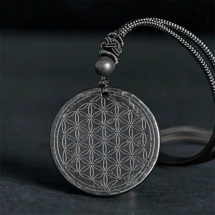 Buddha Stones Flower of Life Carving Design Authentic Shungite Stone Protection Necklace Pendant - BWOOOH - Flower of