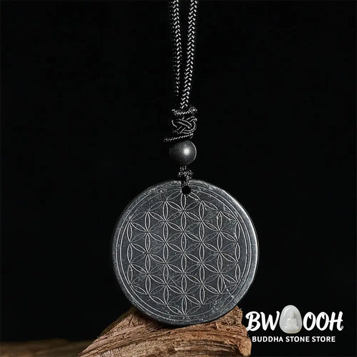 Buddha Stones Flower of Life Carving Design Authentic Shungite Stone Protection Necklace Pendant - BWOOOH - Necklaces &amp;