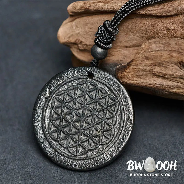 Buddha Stones Flower of Life Carving Design Authentic Shungite Stone Protection Necklace Pendant - BWOOOH - Necklaces &amp;
