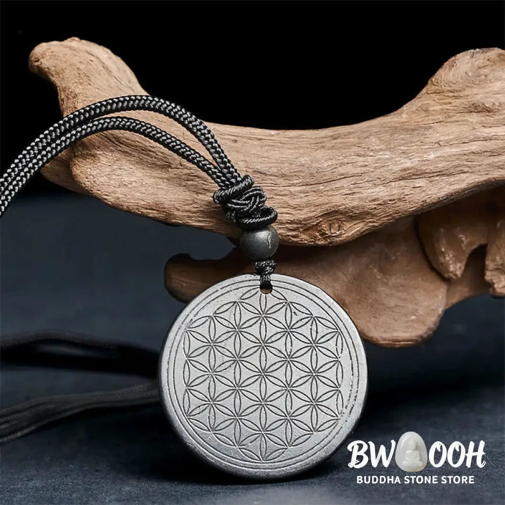 Buddha Stones Flower of Life Carving Design Authentic Shungite Stone Protection Necklace Pendant - BWOOOH - Necklaces &amp;