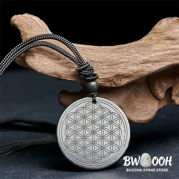 Buddha Stones Flower of Life Carving Design Authentic Shungite Stone Protection Necklace Pendant - BWOOOH - Necklaces &amp;