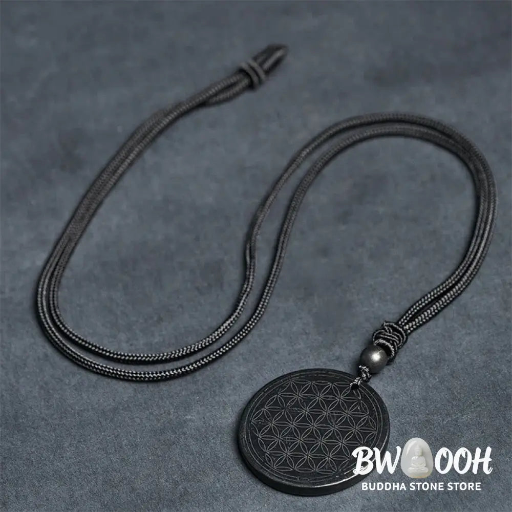 Buddha Stones Flower of Life Carving Design Authentic Shungite Stone Protection Necklace Pendant - BWOOOH - Necklaces &amp;