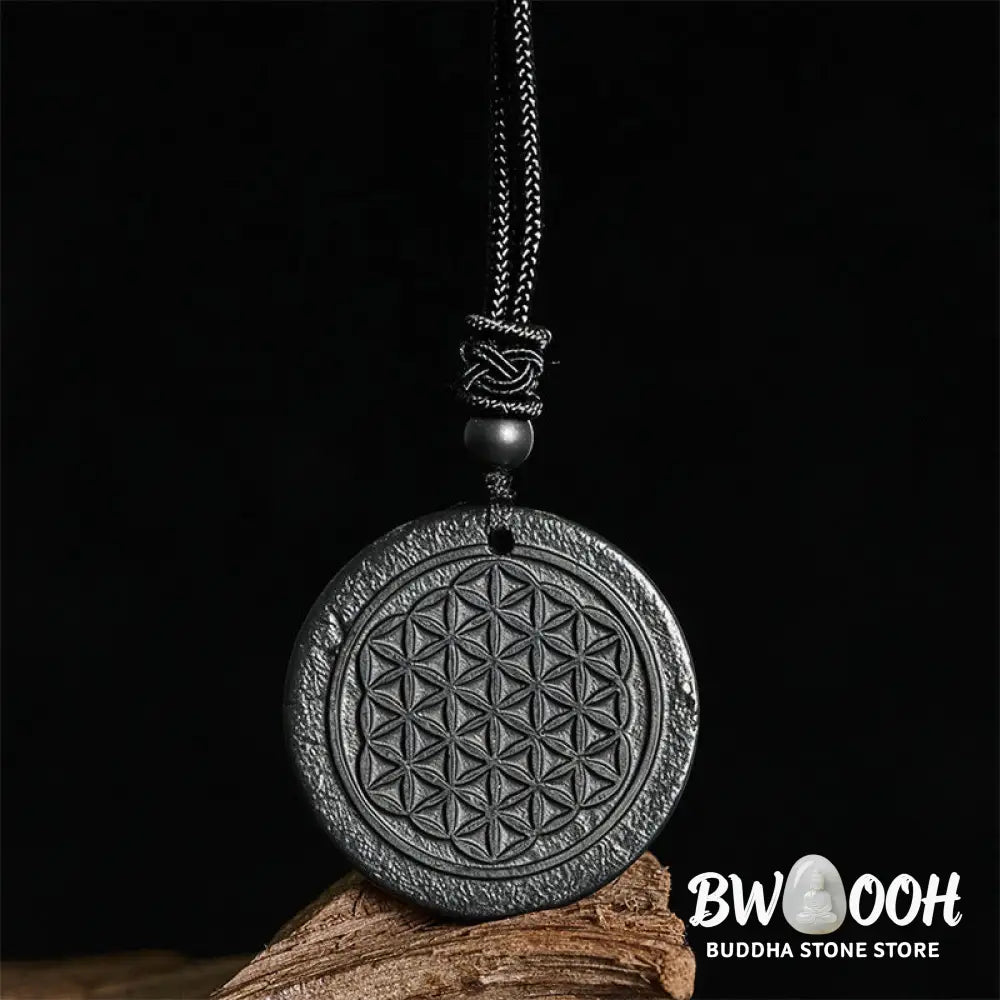 Buddha Stones Flower of Life Carving Design Authentic Shungite Stone Protection Necklace Pendant - BWOOOH - Necklaces &amp;