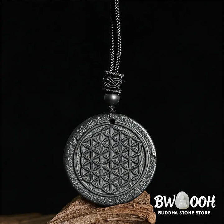 Buddha Stones Flower of Life Carving Design Authentic Shungite Stone Protection Necklace Pendant - BWOOOH - Necklaces &amp;