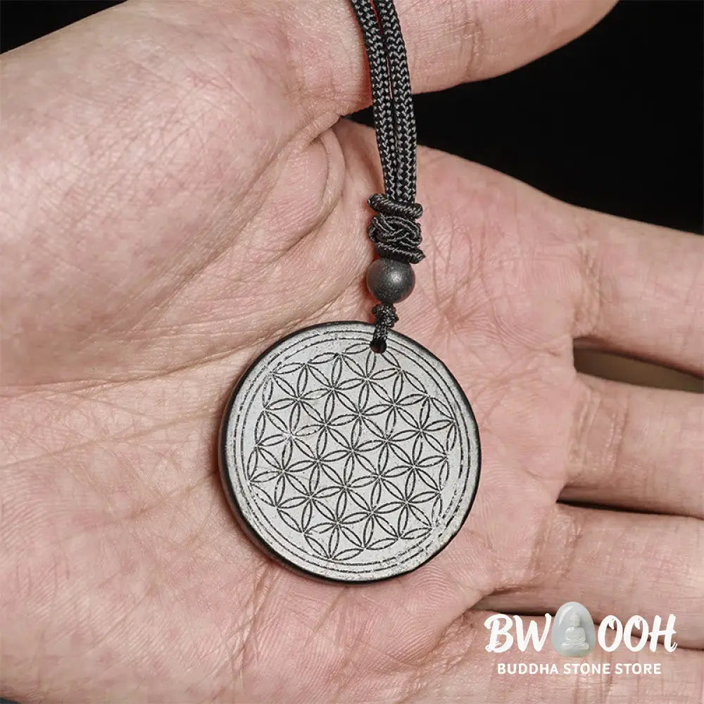 Buddha Stones Flower of Life Carving Design Authentic Shungite Stone Protection Necklace Pendant - BWOOOH - Necklaces &amp;