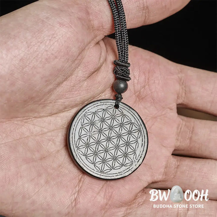Buddha Stones Flower of Life Carving Design Authentic Shungite Stone Protection Necklace Pendant - BWOOOH - Necklaces &amp;