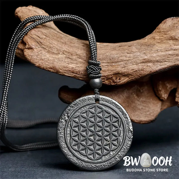 Buddha Stones Flower of Life Carving Design Authentic Shungite Stone Protection Necklace Pendant - BWOOOH - Necklaces &amp;
