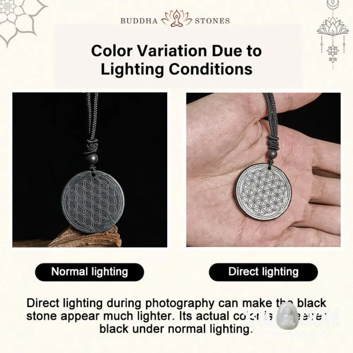 Buddha Stones Flower of Life Carving Design Authentic Shungite Stone Protection Necklace Pendant - BWOOOH - Necklaces &amp;