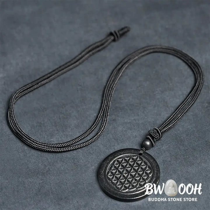 Buddha Stones Flower of Life Carving Design Authentic Shungite Stone Protection Necklace Pendant - BWOOOH - Necklaces &amp;