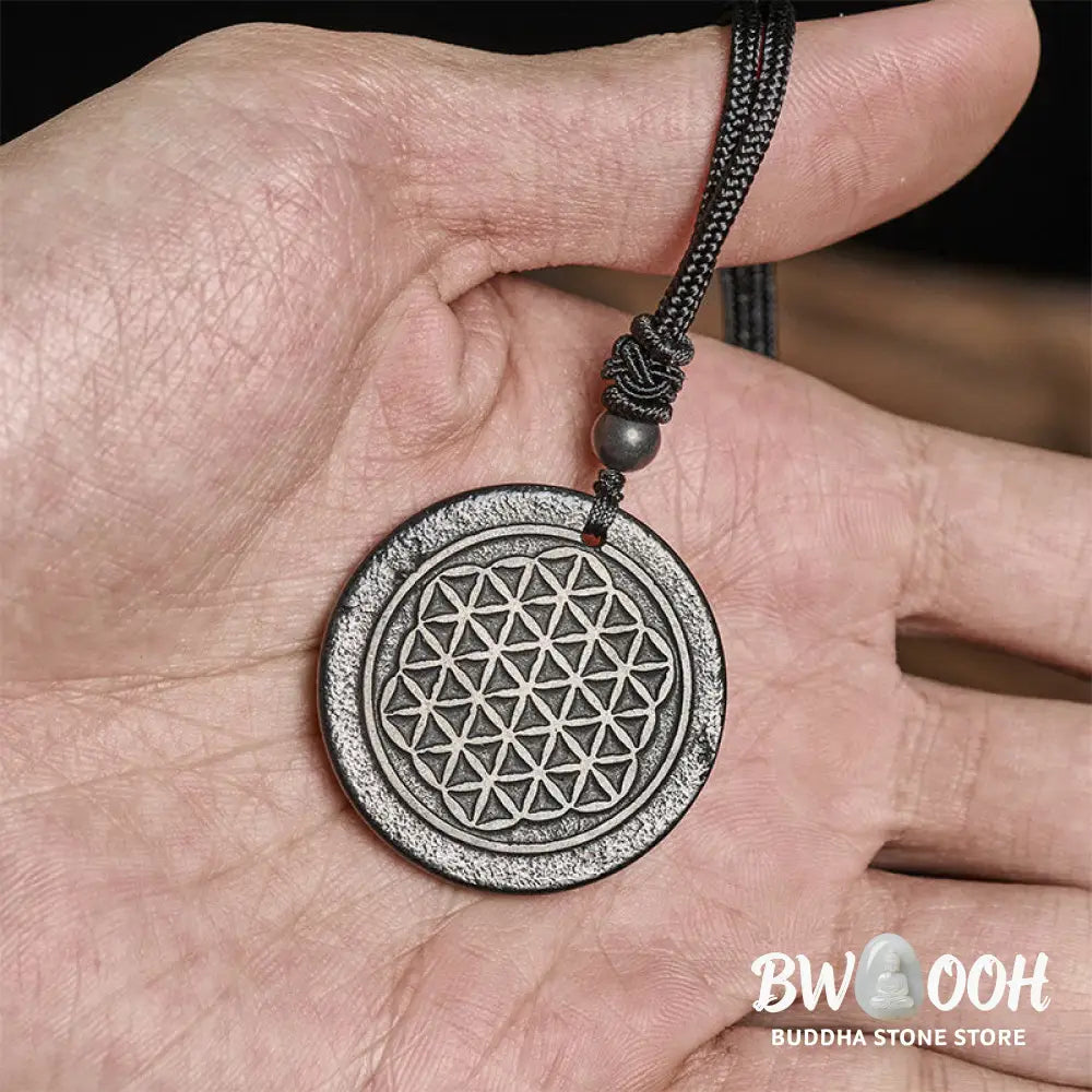 Buddha Stones Flower of Life Carving Design Authentic Shungite Stone Protection Necklace Pendant - BWOOOH - Necklaces &amp;