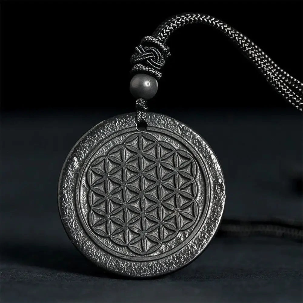 Buddha Stones Flower of Life Carving Design Authentic Shungite Stone Protection Necklace Pendant - BWOOOH - Flower of