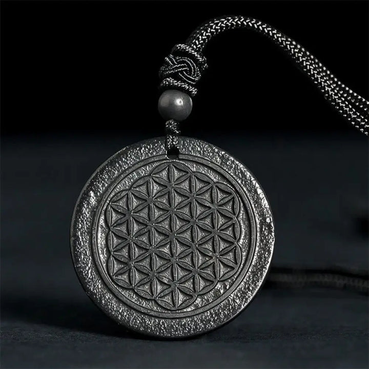 Buddha Stones Flower of Life Carving Design Authentic Shungite Stone Protection Necklace Pendant - BWOOOH - Flower of