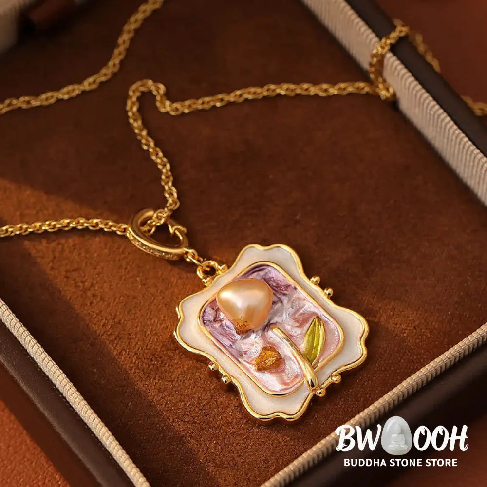Buddha Stones Flower Oil Painting Pearl Copper Healing Necklace Pendant - BWOOOH - Flower Oil Painting(Pendant Size:
