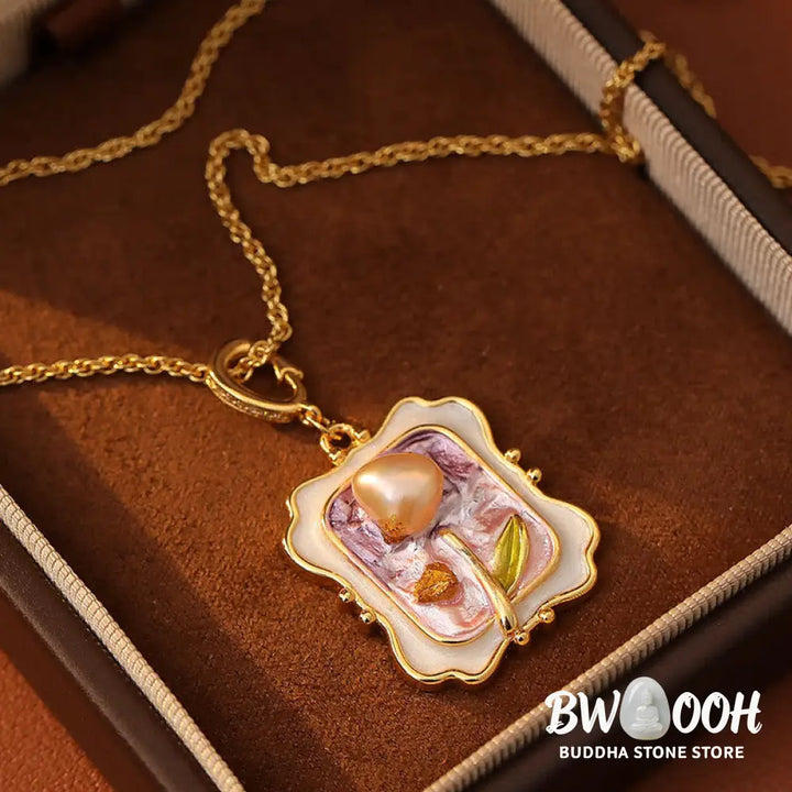 Buddha Stones Flower Oil Painting Pearl Copper Healing Necklace Pendant - BWOOOH - Flower Oil Painting(Pendant Size: