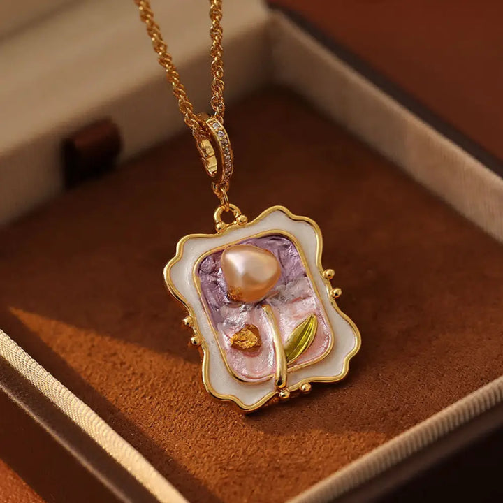 Buddha Stones Flower Oil Painting Pearl Copper Healing Necklace Pendant - BWOOOH - Flower Oil Painting(Pendant Size: