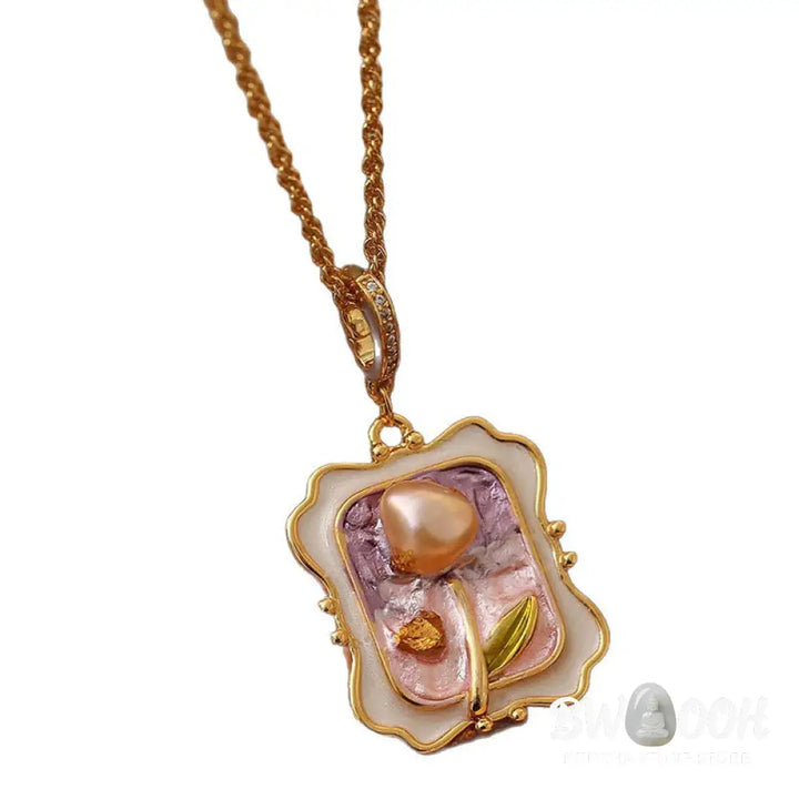 Buddha Stones Flower Oil Painting Pearl Copper Healing Necklace Pendant - BWOOOH - Flower Oil Painting(Pendant Size: