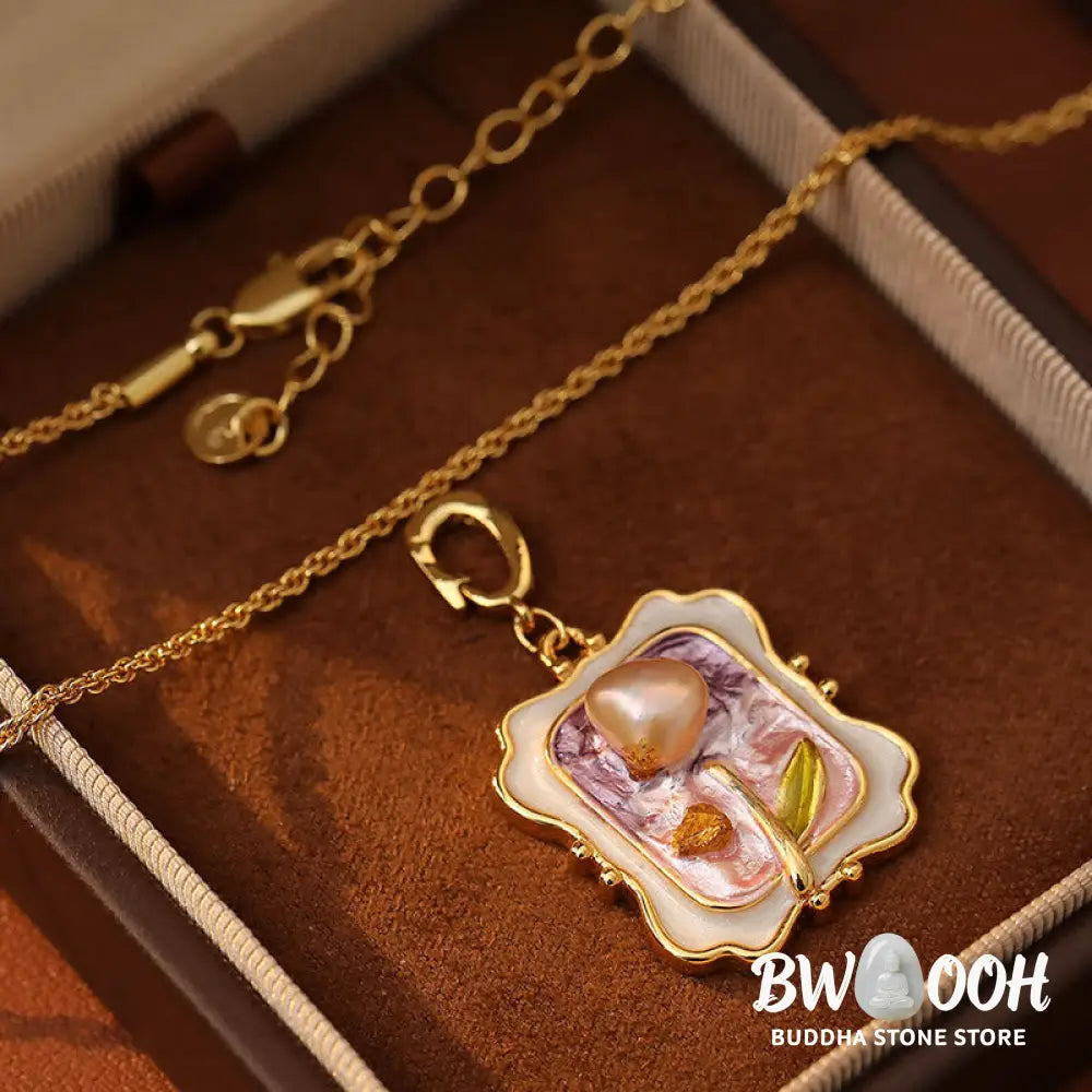 Buddha Stones Flower Oil Painting Pearl Copper Healing Necklace Pendant - BWOOOH - Flower Oil Painting(Pendant Size: