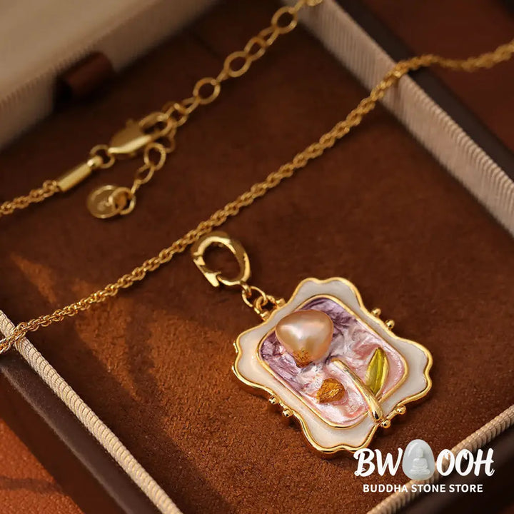 Buddha Stones Flower Oil Painting Pearl Copper Healing Necklace Pendant - BWOOOH - Flower Oil Painting(Pendant Size: