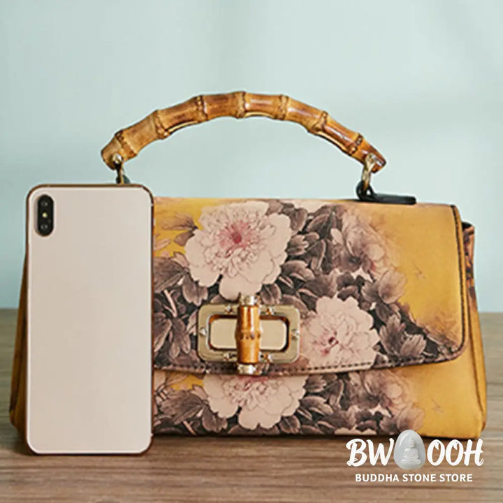 Buddha Stones Flower Pattern Bamboo Handle Metal Chain Crossbody Bag Handbags - Crossbody Bag&amp;Handbags