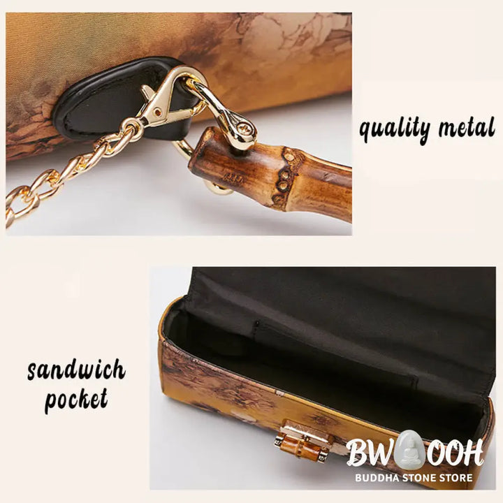 Buddha Stones Flower Pattern Bamboo Handle Metal Chain Crossbody Bag Handbags - Crossbody Bag&amp;Handbags