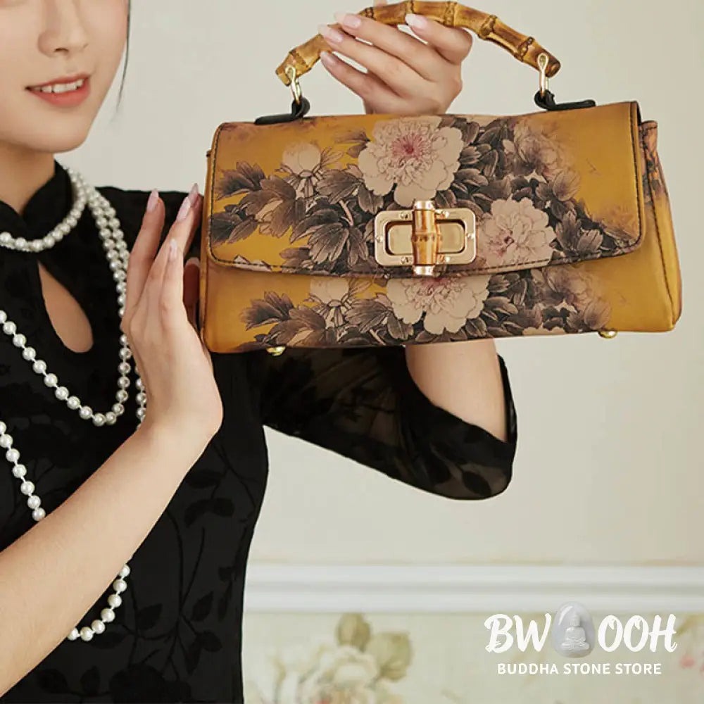 Buddha Stones Flower Pattern Bamboo Handle Metal Chain Crossbody Bag Handbags - Crossbody Bag&amp;Handbags