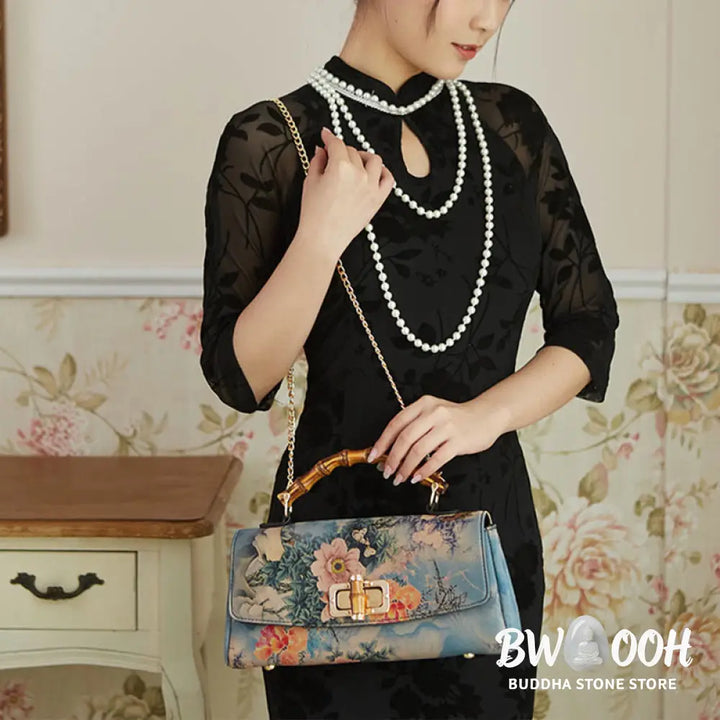 Buddha Stones Flower Pattern Bamboo Handle Metal Chain Crossbody Bag Handbags - Crossbody Bag&amp;Handbags