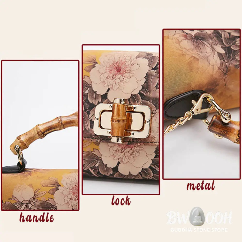 Buddha Stones Flower Pattern Bamboo Handle Metal Chain Crossbody Bag Handbags - Crossbody Bag&amp;Handbags