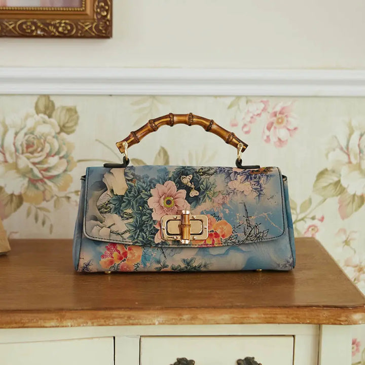 BWOOOH Flower Pattern Bamboo Handle Metal Chain Crossbody