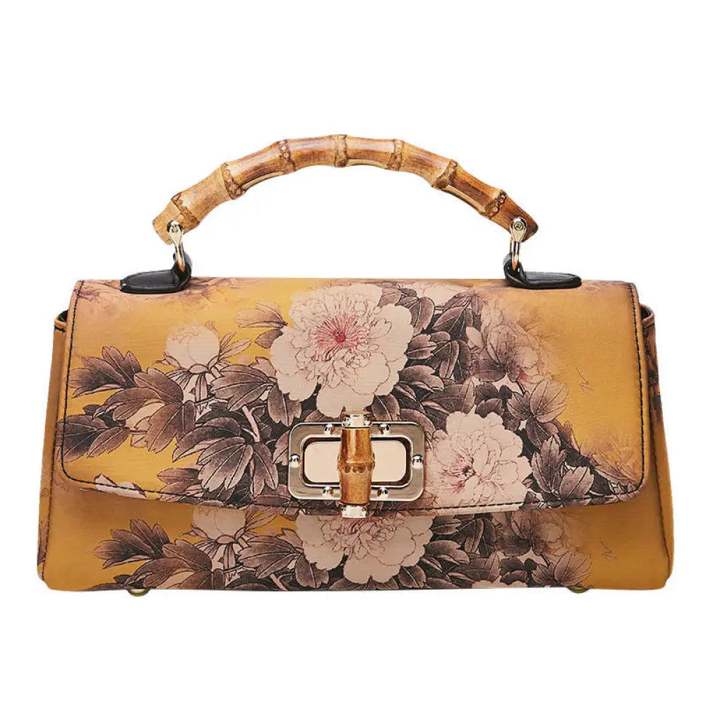 Buddha Stones Flower Pattern Bamboo Handle Metal Chain Crossbody Bag Handbags - Brown 29*14*7cm - Crossbody Bag&amp;Handbags