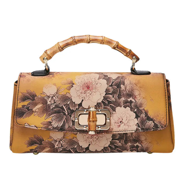 Buddha Stones Flower Pattern Bamboo Handle Metal Chain Crossbody Bag Handbags - Brown 29*14*7cm - Crossbody Bag&amp;Handbags