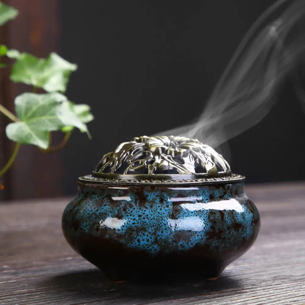 BWOOOH Flower Pattern Ceramic Blessing Meditation Incense Burner Decoration - Blue - Decorations Incense Burner