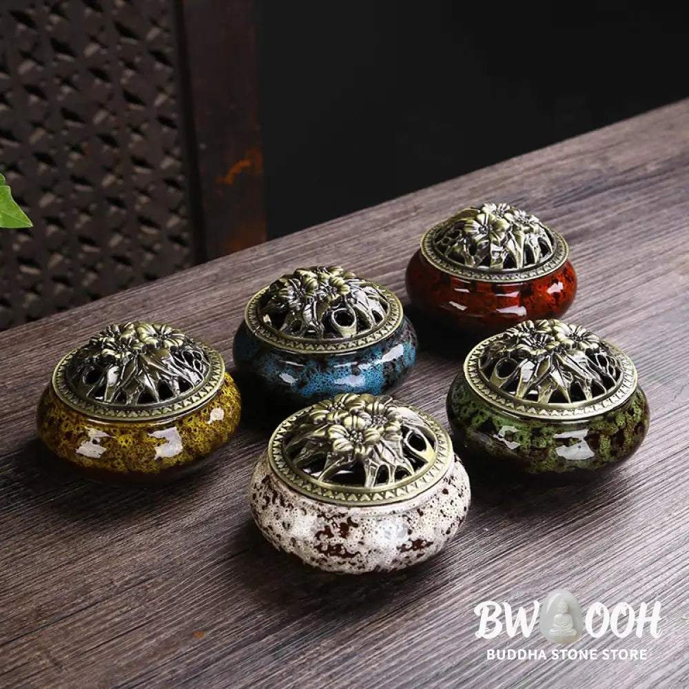 BWOOOH Flower Pattern Ceramic Blessing Meditation Incense Burner Decoration - Decorations Incense Burner