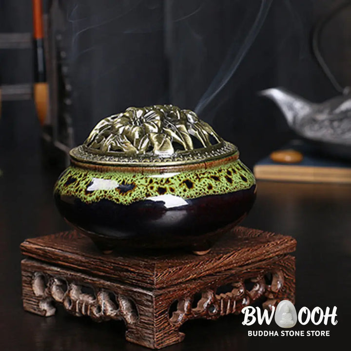 BWOOOH Flower Pattern Ceramic Blessing Meditation Incense Burner Decoration - Decorations Incense Burner