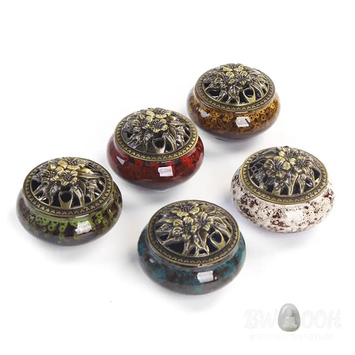 BWOOOH Flower Pattern Ceramic Blessing Meditation Incense Burner Decoration - Decorations Incense Burner