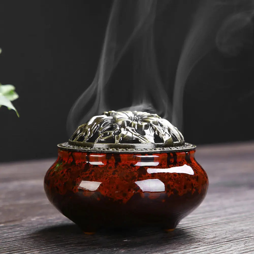 BWOOOH Flower Pattern Ceramic Blessing Meditation Incense Burner Decoration - Red - Decorations Incense Burner