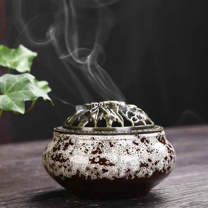 BWOOOH Flower Pattern Ceramic Blessing Meditation Incense Burner Decoration - White - Decorations Incense Burner