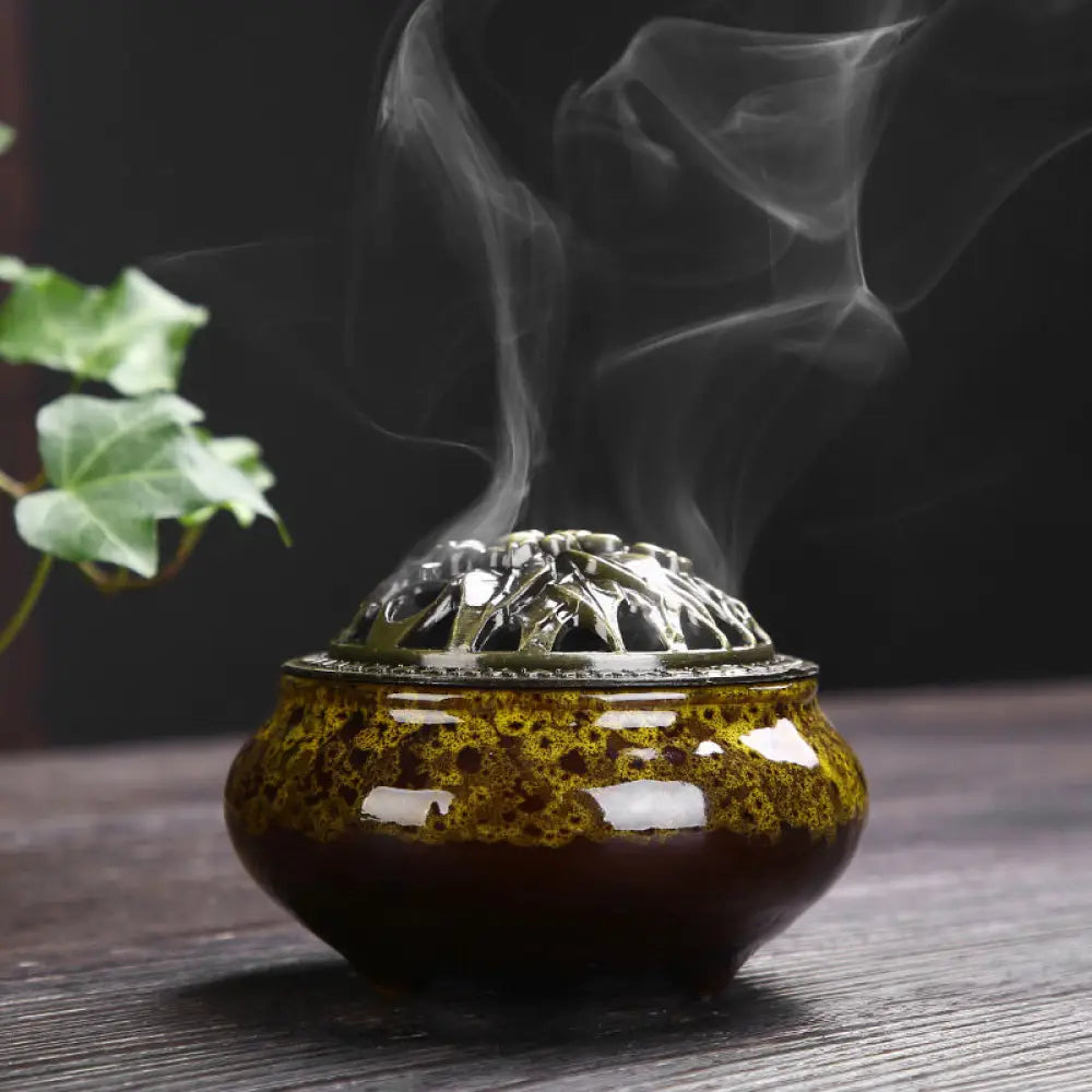 BWOOOH Flower Pattern Ceramic Blessing Meditation Incense Burner Decoration - Yellow - Decorations Incense Burner