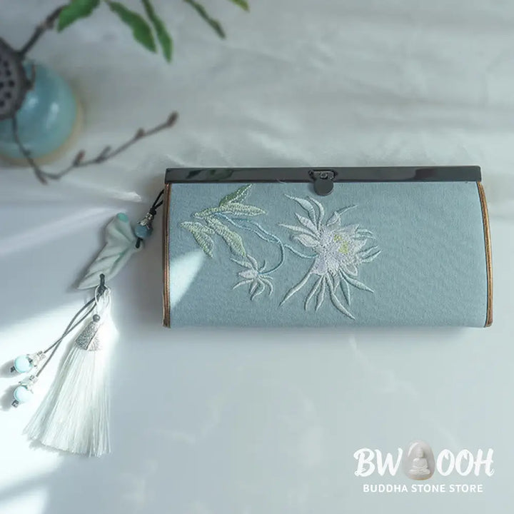Buddha Stones Flower Plum Peach Blossom Bamboo Double-sided Embroidery Large Capacity Cash Holder Wallet Shopping Purse